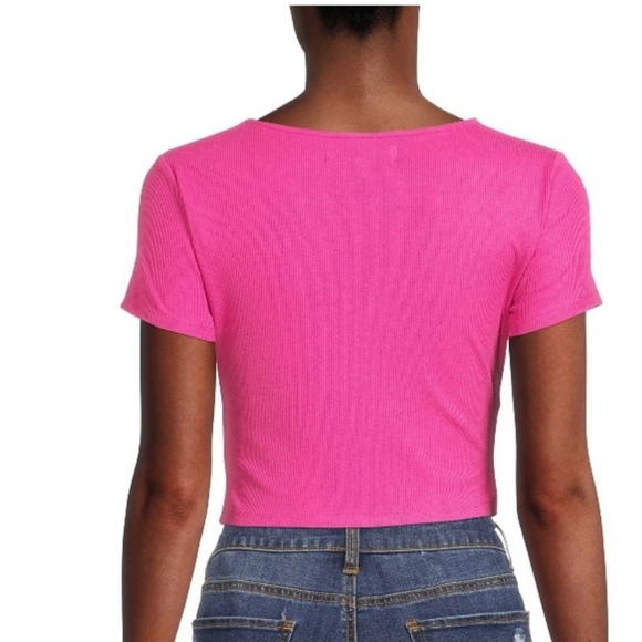 Madden NYC Pink Ribbed Cropped Short Sleeve Top V-point Hem Junior Size XL - Picture 2 of 10